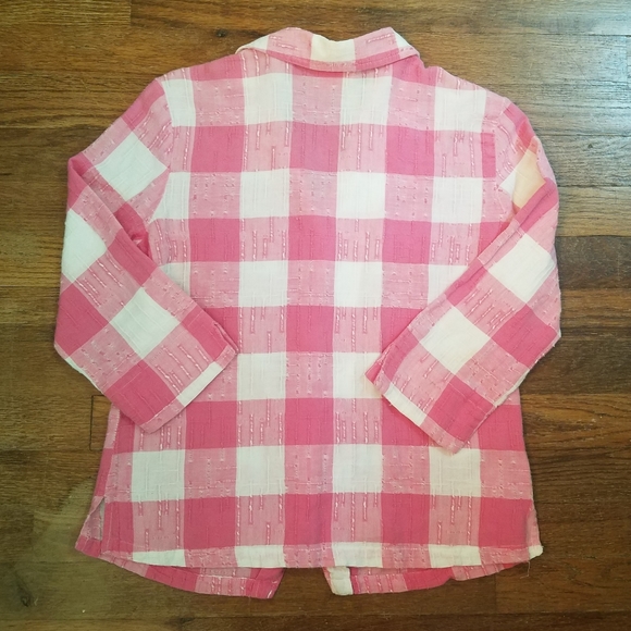 Womens Casual Button Up Pink& White Check Plaid Cotton Sz Small 3/4 Sleeve. - Picture 2 of 8
